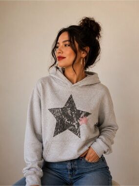 Camo Grey Star Graphic Boyfriend Oversized Fit Hoodie Size Small
